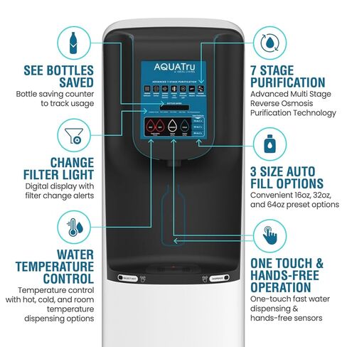 AquaTru Freestanding Model 3 Commercial Water Purification System | 7-Stage Reverse Osmosis (RO) with UV & Mineral Enhancement | موزع ساخن وبارد لدرجة حرارة الغرفة | جهاز استشعار حر اليدين in Kuwait