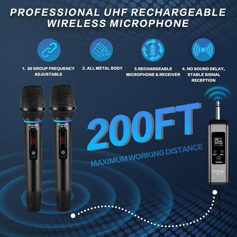 UHF Rechargeable Wireless Microphone for Singing with Handbag, Metal Handheld Dynamic Mic with Receiver, Karaoke Microphone Wireless for Speaker, Dj, 200ft Range of Cordless Mic 2 Pack Set Portable in Saudi Arabia