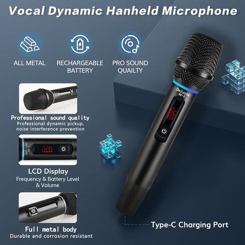 UHF Rechargeable Wireless Microphone for Singing with Handbag, Metal Handheld Dynamic Mic with Receiver, Karaoke Microphone Wireless for Speaker, Dj, 200ft Range of Cordless Mic 2 Pack Set Portable in Saudi Arabia