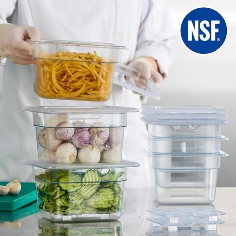 كورتا 12 عبوة 1/6 مقاس 4 بوصات وعاء طعام من البولي كربونات العميق NSF مع غطاء مسنن وصينية تصريف | حاوية شفافة آمنة للاستخدام في غسالة الأطباق والفريزر لطاولات الإعداد، والبوفيه، وبار السلطة، والمطبخ التجاري in Kuwait