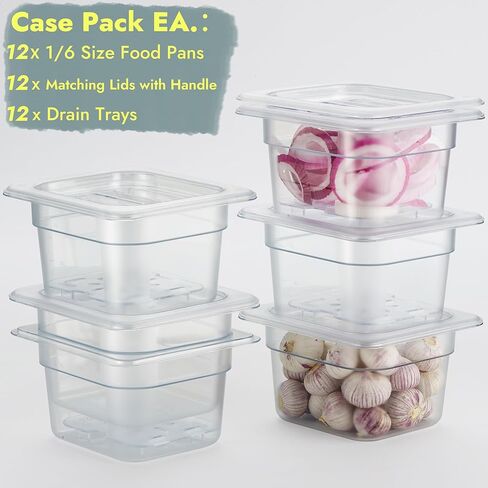 كورتا 12 عبوة 1/6 مقاس 4 بوصات وعاء طعام من البولي كربونات العميق NSF مع غطاء مسنن وصينية تصريف | حاوية شفافة آمنة للاستخدام في غسالة الأطباق والفريزر لطاولات الإعداد، والبوفيه، وبار السلطة، والمطبخ التجاري in Kuwait
