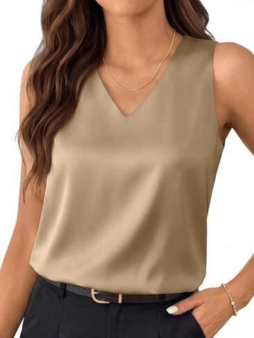 Lillusory Women Silk Satin Tank Top v Neck Summer Blouse Summeress Shirt Business Disual Disy Dary Outfit Hacation Complements in Saudi Arabia