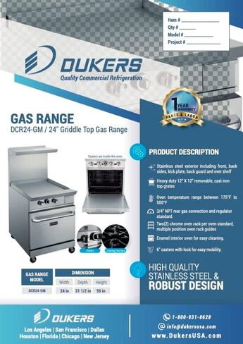 Dukers DCR24-GM 24″ Commercial Gas Oven Range with 24″ Griddle in Saudi Arabia