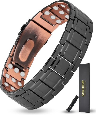 سوار نحاسي للرجال، قوة 3X 99.99% سوار نحاسي نقي مجوهرات مغناطيسية مع مغناطيس قوي، قابل للتعديل مع أداة التحجيم وصندوق الهدايا in Kuwait