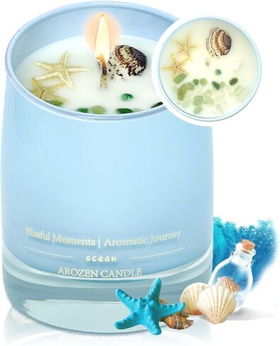 شموع معطرة بالمحيط هدية للنساء - شموع صويا لشاطئ البحر للعلاج العطري بوزن 10 أونصة للمنزل معطرة بالكريستال العلاجي من الداخل - هدايا حرق لمدة 55 ساعة لعيد الحب، وعيد الميلاد، والنساء، وعيد الأم in Saudi Arabia