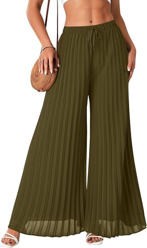 OPOIPIN Women's Chiffon Wide Leg Pleated Pants High Waist Flowy Loose Casual Long Trousers in Saudi Arabia