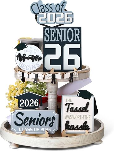 10 Pcs Graduation Tiered Tray Decor Set Class of 2025 Table Decorations Senior 2025 Hat Gown Diploma Wood Sign and So The Adventure Begins Graduation Gifts for Farmhouse Home Shelf College in Kuwait