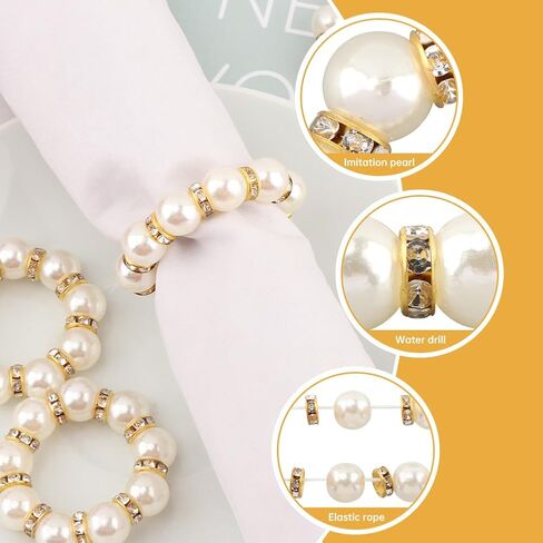 Pearl Napkin Rings 60Pcs, Elegant Rhinestone Imitation Beaded Serviette Buckles, Imitation Pearl Ring Napkin Ring Holder, for Cloth Napkins for Wedding Party Banquet Dinner Table Decor and Daily Use in Kuwait