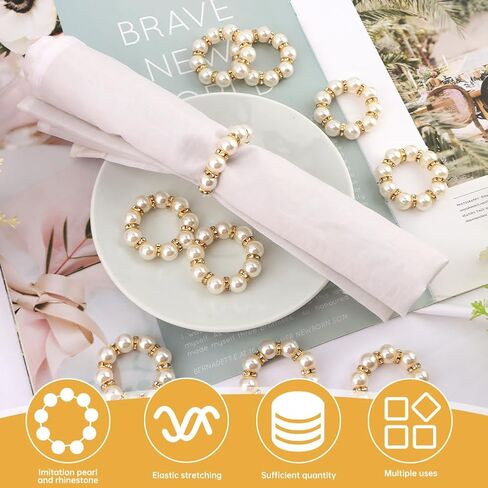 Pearl Napkin Rings 60Pcs, Elegant Rhinestone Imitation Beaded Serviette Buckles, Imitation Pearl Ring Napkin Ring Holder, for Cloth Napkins for Wedding Party Banquet Dinner Table Decor and Daily Use in Kuwait
