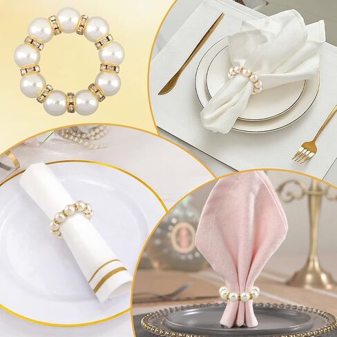 Pearl Napkin Rings 60Pcs, Elegant Rhinestone Imitation Beaded Serviette Buckles, Imitation Pearl Ring Napkin Ring Holder, for Cloth Napkins for Wedding Party Banquet Dinner Table Decor and Daily Use in Kuwait