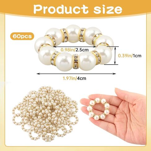 Pearl Napkin Rings 60Pcs, Elegant Rhinestone Imitation Beaded Serviette Buckles, Imitation Pearl Ring Napkin Ring Holder, for Cloth Napkins for Wedding Party Banquet Dinner Table Decor and Daily Use in Kuwait