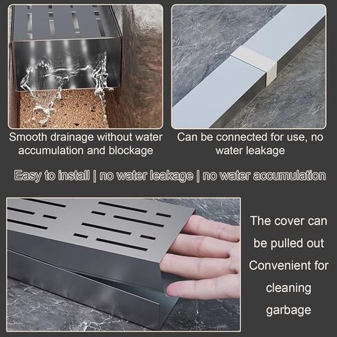 Stainless Steel Outdoor Drain Kit, Slim Grating Channels for Garden, Sidewalk, Parking, Bathroom & Patio, 24x11.5x5CM Shower Floor Drain Grate Diverter, Silver Finish in Saudi Arabia