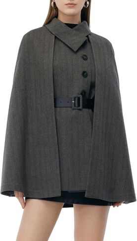 Womens Winter Washable Wool Cloak Coats And Flap Neck Button Vest Two-Piece Set with Belt Plus Size Coat Outerwear in Kuwait