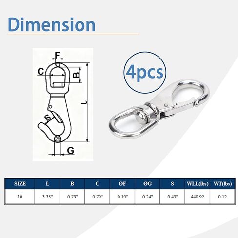 Swivel Eye Snap Hooks 304 Stainless Steel Flag Clips 3.5 Inch Heavy Duty Swivel Snap Hook Flag Pole Clips Spring Hooks for Flagpole Rope, Dog leashes, Keychains, Boat Ropes 4pcs in Kuwait