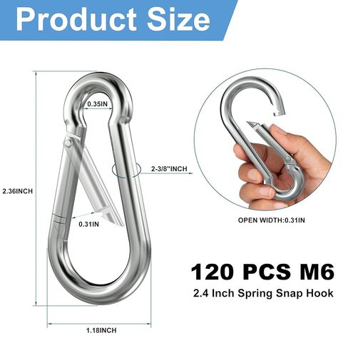 120PCS 2.4" Spring Snap Hook Carabiners, M6 x 2-3/8 Inch Heavy Duty Carabiner Clip Galvanized Steel Quick Link Snap Hook, 260LBS Holding Capacity for Swing, Hammock, Hiking, Gym, Travel Camping in Kuwait