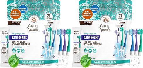 GuruNanda 6-in-1 Ready-to-Go Disposable Toothbrush, Pre-Pasted Butter on Gums Softex Bristles, Floss & Toothpick, Tongue & Cheek Cleaner, Individually Wrapped & TSA Friendly, 21 Ct in Kuwait