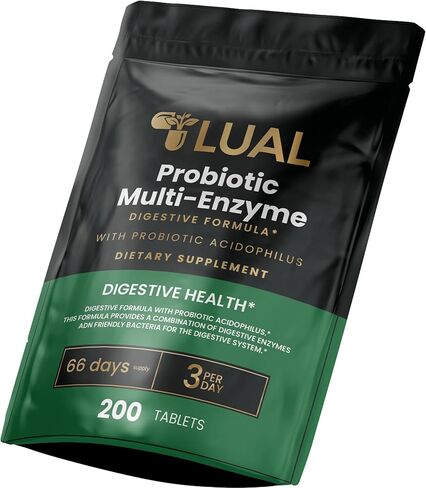 LUAL Probiotic Multi-Enzyme for Digestive Health. Probiotic + Digestive Enzymes for Women & Men. Lactobacillus Acidophilus, Bromelain, Papain | 200 Tablets – 66 Days Supply in Kuwait