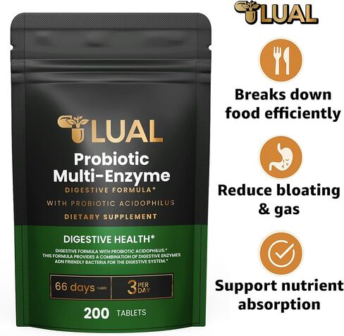 LUAL Probiotic Multi-Enzyme for Digestive Health. Probiotic + Digestive Enzymes for Women & Men. Lactobacillus Acidophilus, Bromelain, Papain | 200 Tablets – 66 Days Supply in Kuwait