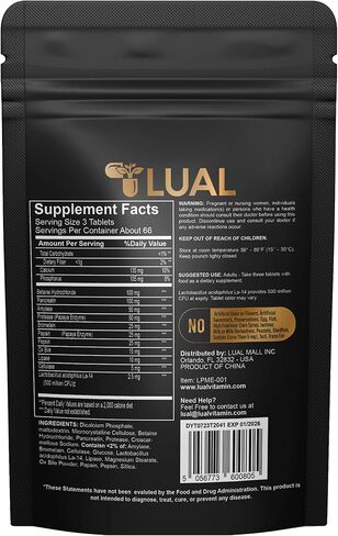 LUAL Probiotic Multi-Enzyme for Digestive Health. Probiotic + Digestive Enzymes for Women & Men. Lactobacillus Acidophilus, Bromelain, Papain | 200 Tablets – 66 Days Supply in Kuwait