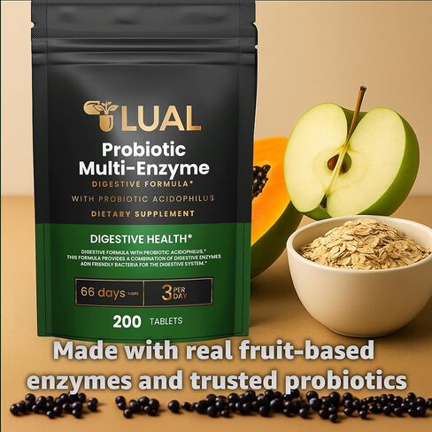 LUAL Probiotic Multi-Enzyme for Digestive Health. Probiotic + Digestive Enzymes for Women & Men. Lactobacillus Acidophilus, Bromelain, Papain | 200 Tablets – 66 Days Supply in Kuwait