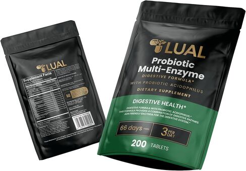 LUAL Probiotic Multi-Enzyme for Digestive Health. Probiotic + Digestive Enzymes for Women & Men. Lactobacillus Acidophilus, Bromelain, Papain | 200 Tablets – 66 Days Supply in Kuwait