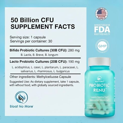 لا مزيد من البروبيوتيك 50 مليار وحدة تشكيل مستعمرة للنساء والرجال - مكمل يومي لدعم صحة الأمعاء والجهاز الهضمي، يساعد على دعم المناعة - بروبيوتيك رينو، 30 قطعة in Kuwait