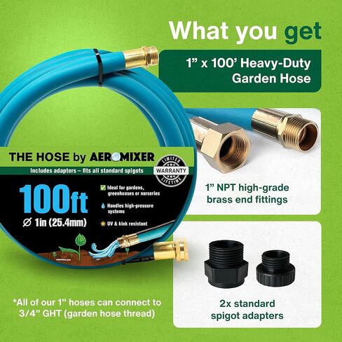 Aeromixer THE HOSE - 1 Inch Garden Hose 100 Ft, Includes Adapters 3/4 Spigots, Kinkless Commercial Garden Hoses, Heavy Duty Water Hoses for Outdoors, 650 PSI High-Pressure Watering Tool in Kuwait