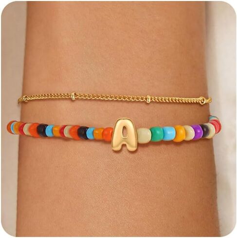 Colorful Initial Bracelets for Women - 14K Gold Plated Initial Letter Daint A-Z Charm Bracelet Summer Jewelry Teen Girl Gifts for Teen Kids in Kuwait