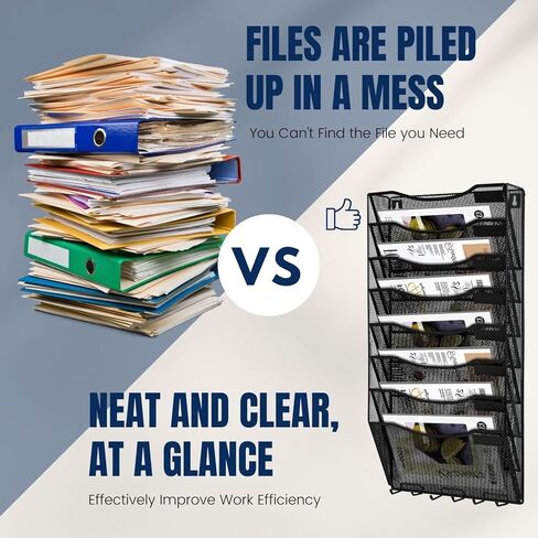 Flexzion الجدار شنقا منظم الملفات حامل الملفات المعدنية 8 جيوب شبكة سوداء مكتب جدار منظم مجلة رف الحائط شنقا منظم الورق مع السنانير الرئيسية ولوحات التسمية in Saudi Arabia