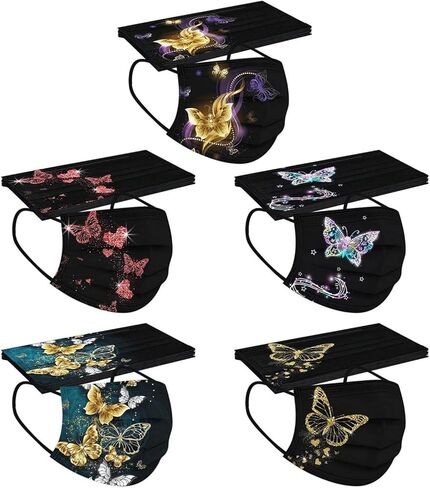 50 PCs Butterfly Disposable Face_Mask for Women,3 Ply Adults Black Butterfly_Mask With Floral Design Fashion Facemask Women Men in Kuwait