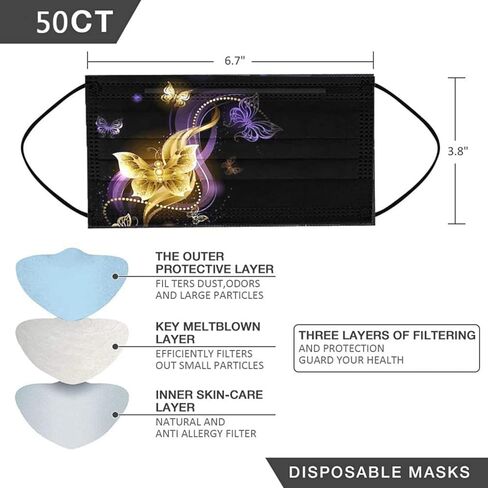 50 PCs Butterfly Disposable Face_Mask for Women,3 Ply Adults Black Butterfly_Mask With Floral Design Fashion Facemask Women Men in Kuwait
