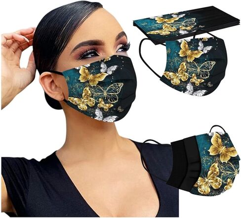 50 PCs Butterfly Disposable Face_Mask for Women,3 Ply Adults Black Butterfly_Mask With Floral Design Fashion Facemask Women Men in Kuwait