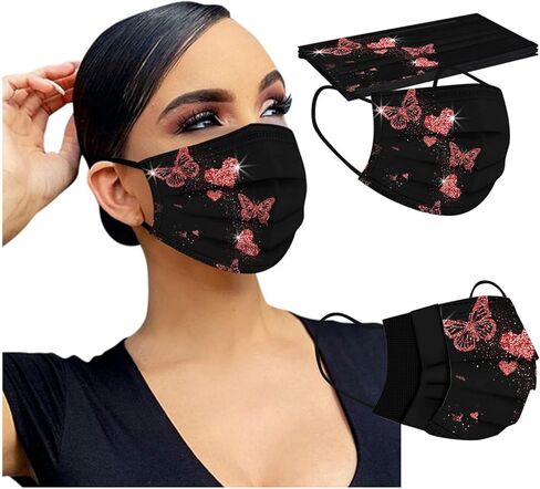 50 PCs Butterfly Disposable Face_Mask for Women,3 Ply Adults Black Butterfly_Mask With Floral Design Fashion Facemask Women Men in Kuwait