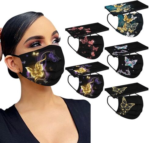 50 PCs Butterfly Disposable Face_Mask for Women,3 Ply Adults Black Butterfly_Mask With Floral Design Fashion Facemask Women Men in Kuwait