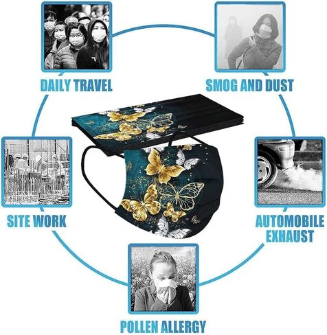 50 PCs Butterfly Disposable Face_Mask for Women,3 Ply Adults Black Butterfly_Mask With Floral Design Fashion Facemask Women Men in Kuwait