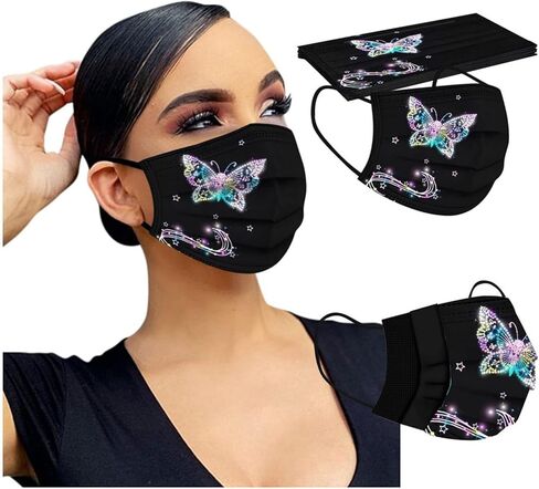 50 PCs Butterfly Disposable Face_Mask for Women,3 Ply Adults Black Butterfly_Mask With Floral Design Fashion Facemask Women Men in Kuwait