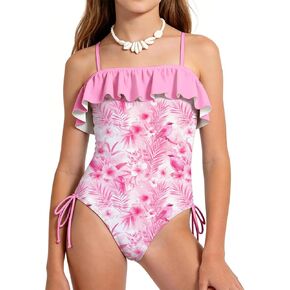 Girl One Piece Swimsuit Ruffle Print Bathing Suit Adjustable Strap Girls' Swimwear 7-16 Years in Kuwait