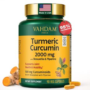 VAHDAM, Turmeric Curcumin Supplement 2000mg (500mg Curcuminoids) with Boswellia & Piperine for Fast Absorption | Supports Joint Health and Mobility | 90 Capsules in Kuwait