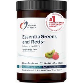 Designs for Health EssentiaGreens and Reds (الفراولة والكيوي، 30 حصة)، مسحوق نباتي فائق الجودة مع سبيرولينا، واللفت، والتفاح والمزيد، للتغذية اليومية وصحة الجهاز الهضمي in Kuwait