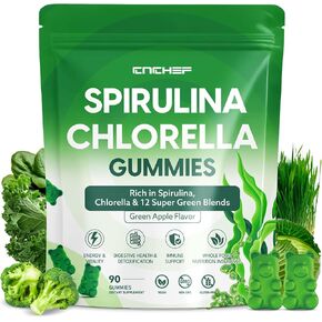 Organic Spirulina & Chlorella Gummies with 12 Super Greens Blend, Chlorophyll, Sea Moss, Parsley Leaf, Peppermint Leaf and Green Tea for Daily Energy, Detox & Immunity, 90-Count, Green Apple Flavor in Kuwait