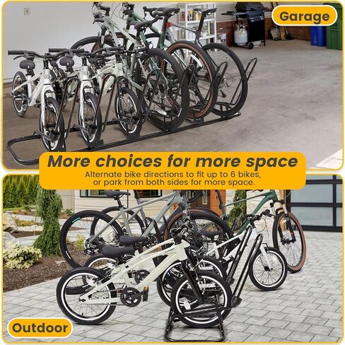 حامل دراجة أرضي لـ 6 دراجات، تصميم فرامل قرصية وقائية ومسارات، حامل دراجة مقاوم للماء للاستخدام في الأماكن المغلقة/الخارجية/المرآب، يناسب الإطارات مقاس 12 بوصة - 29 بوصة، أنابيب فولاذية مطورة مقاس 0.63 بوصة لتحقيق الثبات in Kuwait