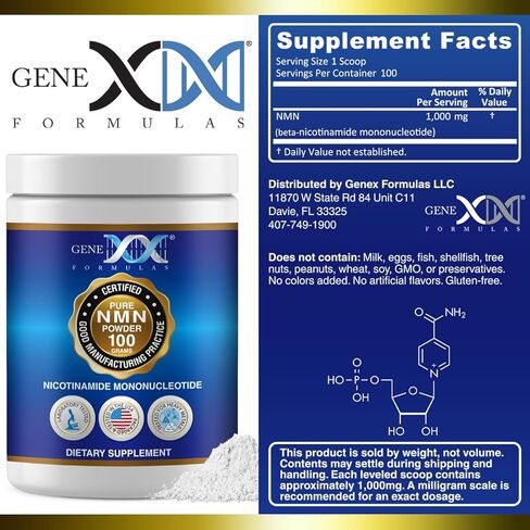 Genex Formulas Pure NMN Powder 100 Grams, Instant Dissolve, Shelf Stable, Non-Synthetic, PVP Free, Ultra-Low Density, 99.9% Pure NMN, Made in a US-Based, GMP, NSF & FSSC 22000 Certified Facility in Kuwait