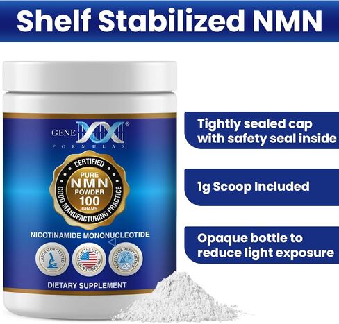 Genex Formulas Pure NMN Powder 100 Grams, Instant Dissolve, Shelf Stable, Non-Synthetic, PVP Free, Ultra-Low Density, 99.9% Pure NMN, Made in a US-Based, GMP, NSF & FSSC 22000 Certified Facility in Kuwait