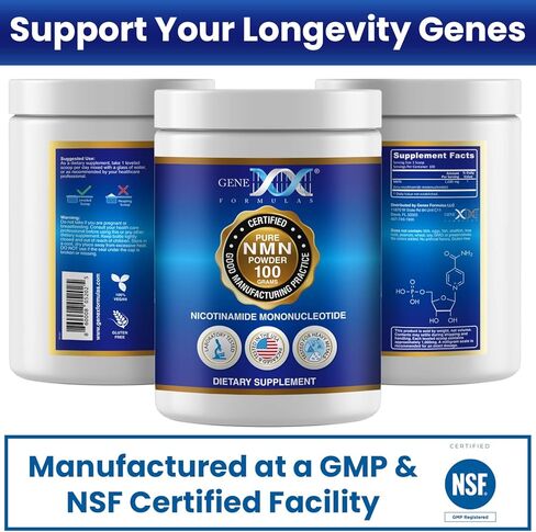 Genex Formulas Pure NMN Powder 100 Grams, Instant Dissolve, Shelf Stable, Non-Synthetic, PVP Free, Ultra-Low Density, 99.9% Pure NMN, Made in a US-Based, GMP, NSF & FSSC 22000 Certified Facility in Kuwait