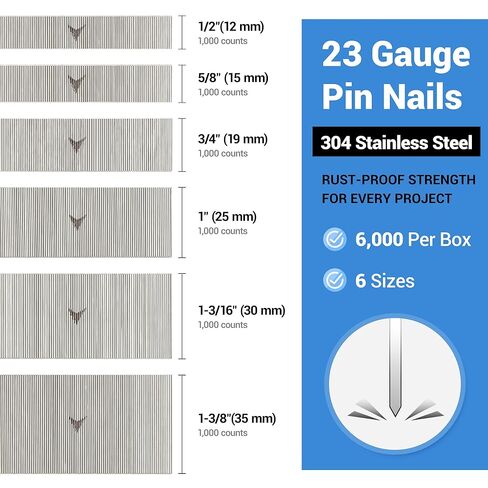 meite 3/8" 304 Stainless Steel 23 Gauge Pin Nails - 1500 Counts and Assorted 6 Sizes (1/2", 5/8", 3/4", 1", 1-3/16", 1-3/8") 304 Stainless Steel Pin Nails - 6000 Counts in Saudi Arabia