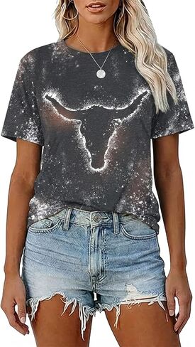 Womens Cow Skull Shirt Cowgirl Country Concert Tshirt Vintage Western Rodeo Graphic Tee Short Sleeve Casual Summer Top in Kuwait