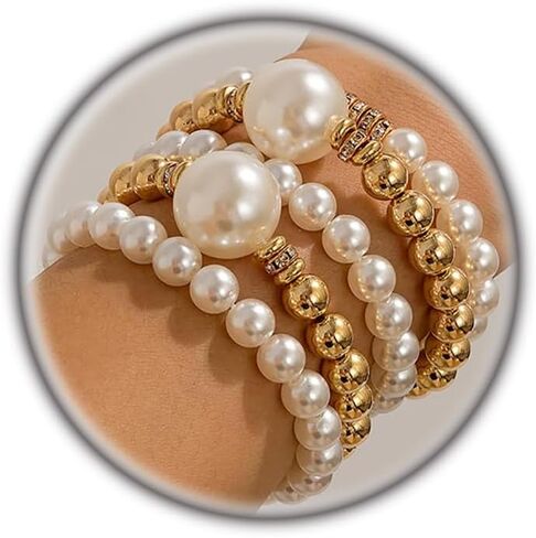 Chunky Pearl Bracelets for Women Stackable Gold Pearl Beaded Stretch Bracelets Exaggerated Big Pearl Ball Bracelet Set Trendy Birthday Jewelry Gifts in Saudi Arabia