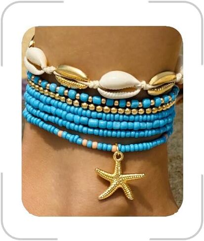 7 PCS Bohemian Starfish Anklets Gold Boho Boho Colets for Women ، STARFISH STARFISH THE STARFISH و NARTAL SHELL ، مجوهرات شاطئية مقاومة للماء للصيف للصيف in Kuwait