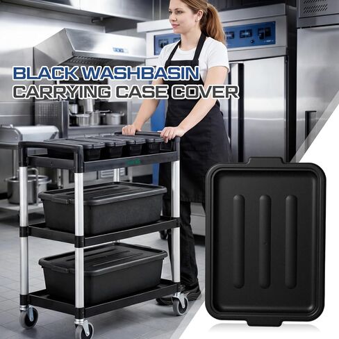 4 عبوات من Lounsweer مقاس 20 × 15 بوصة لحوض غسيل أسود وغطاء صندوق حمل وغطاء بلاستيكي مع مقابض مزدوجة مدمجة لأحواض الأطباق للمطاعم in Saudi Arabia