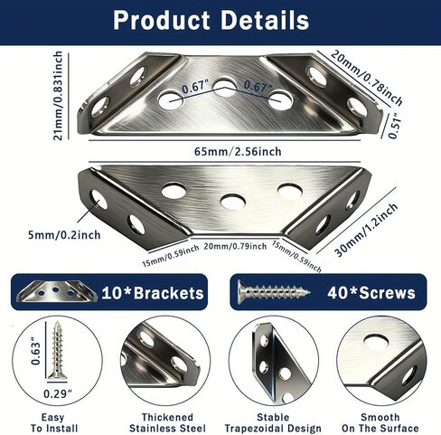 10PCS Stainless Steel Corner Brackets with 40PCS Screws Furniture Connector for Cabinet Angle Support Fixed Brace Fasteners in Saudi Arabia